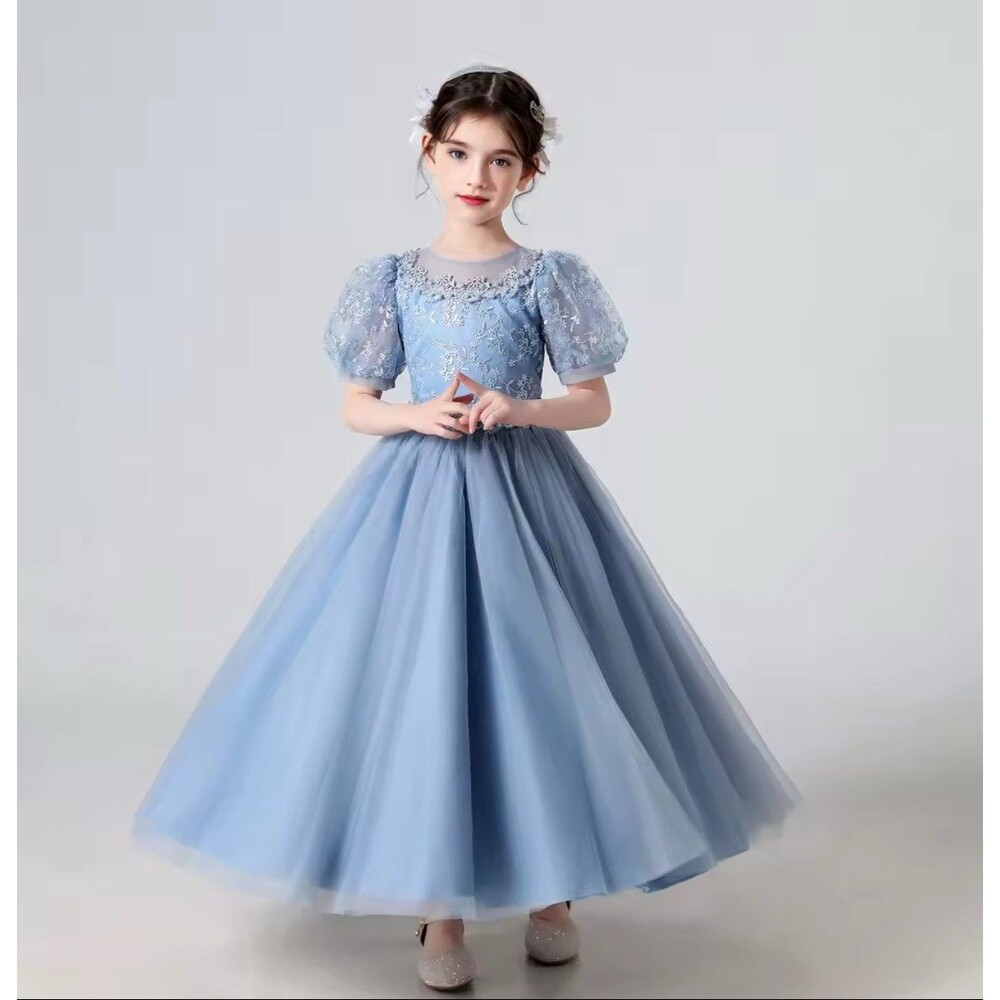 Girls Blue Princess Dress Puff Sleeve Tulle Gown